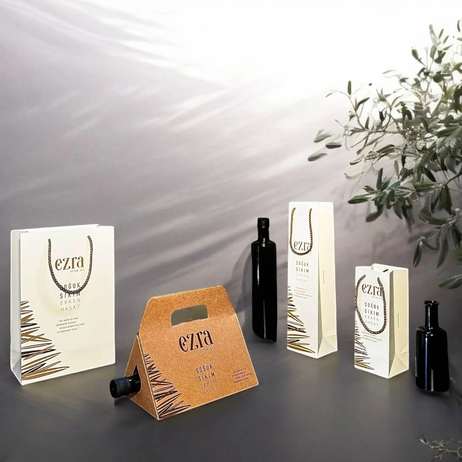 Zeytinyağı ambalajı için kraft kartondan üretilmiş zeytinyağı poşeti ve kutusu